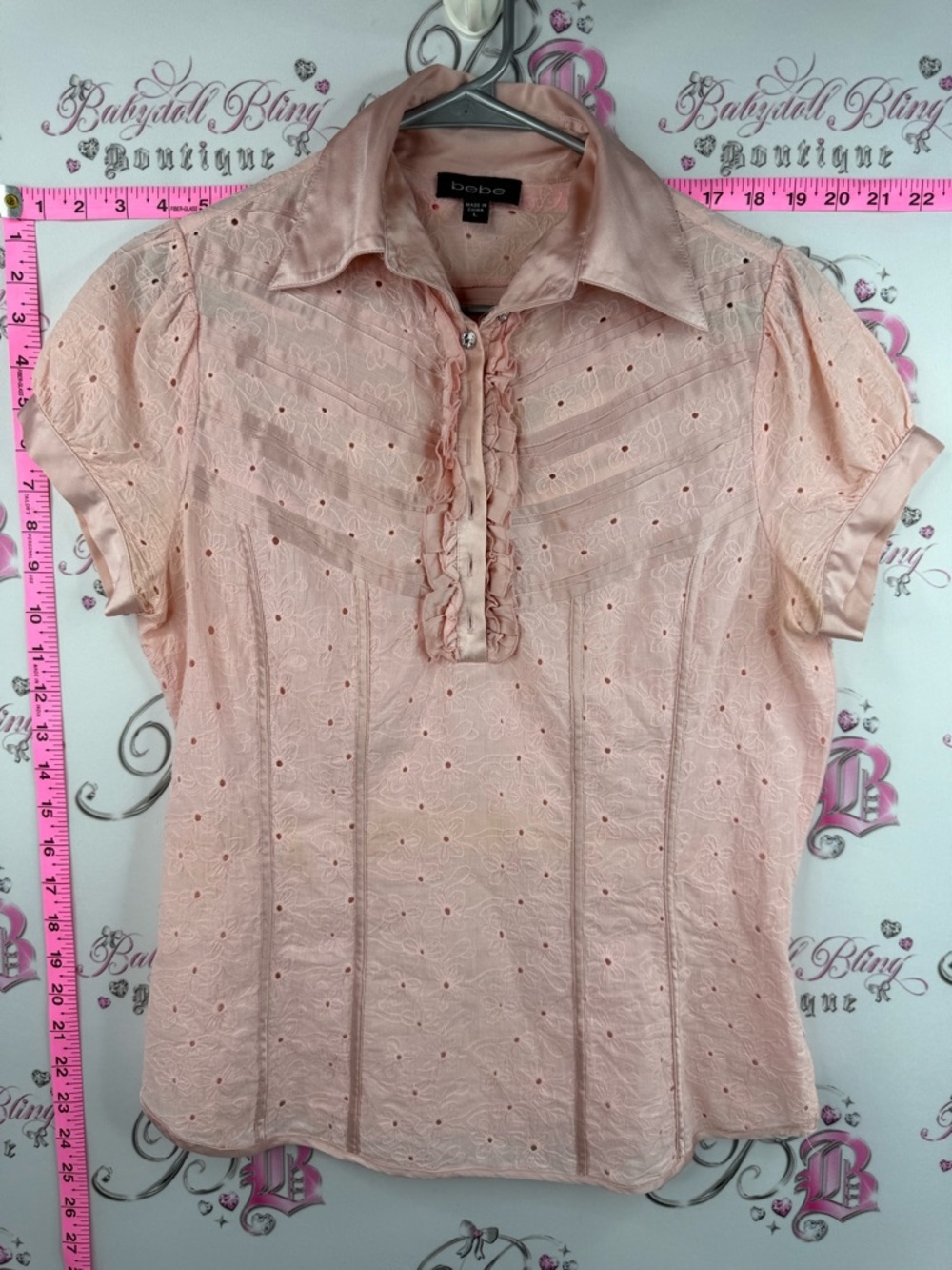 bebe polo shirt rhinestone diamond buttons rare y2k Pink Eyelet Ruffle Polo Top